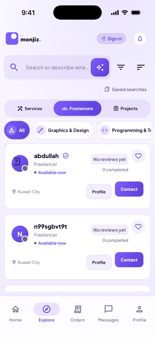 Service provider list in the try monjiz app